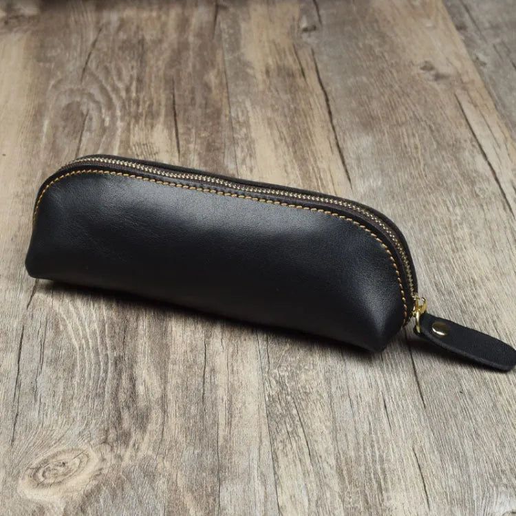 Square leather pencil case with zipper closure in black, brown, dark brown, or yellow colour