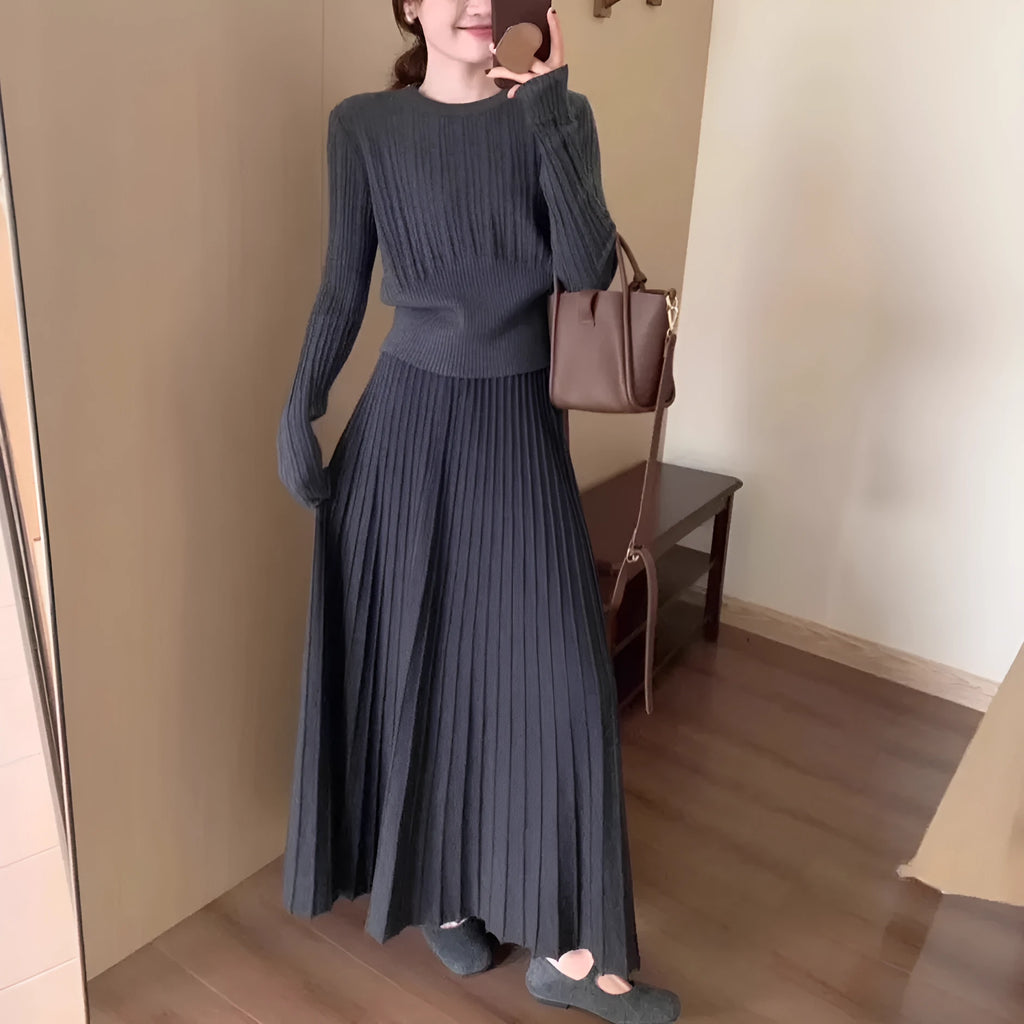 Dark grey artistic retro knitted dress suit with 3D pattern, sweater and skirt set.