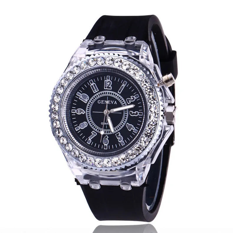 Women's LED luminous quartz watch with round 43mm alloy case and colourful silicone strap options.