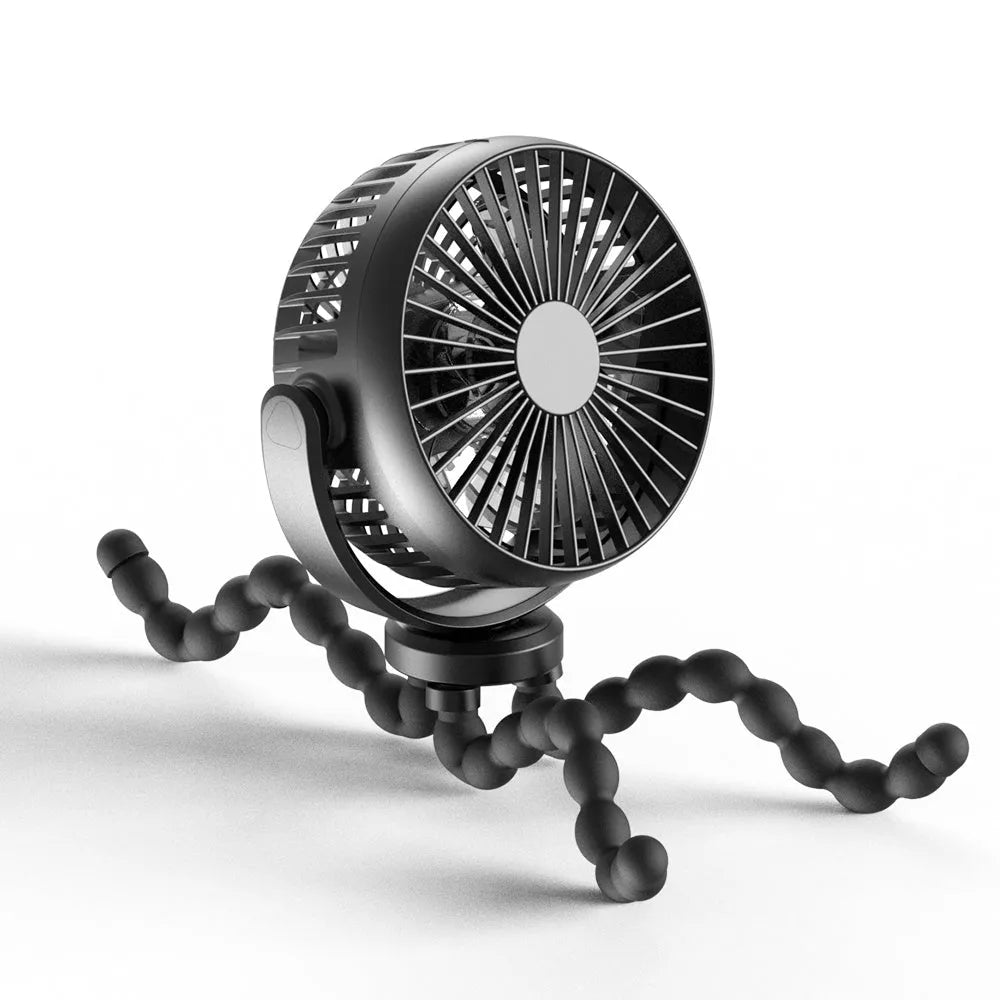 HOMEFISH F2 automatic shaking head portable fan with LED light on an adjustable bracket.