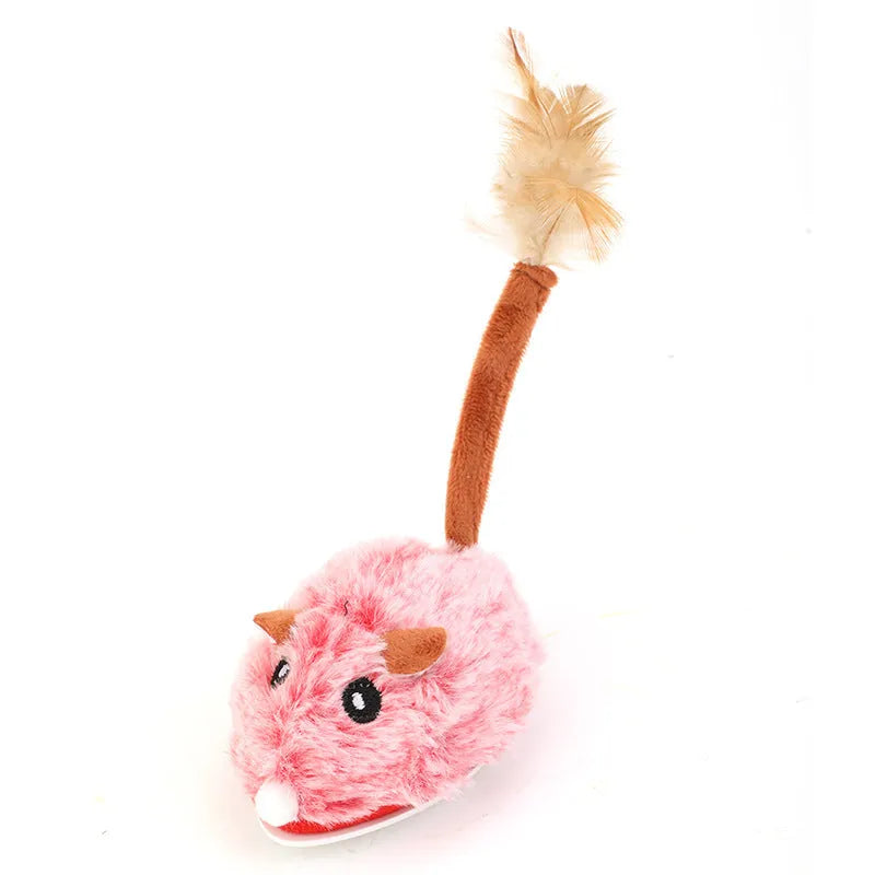 Self-moving electric mouse cat pole toy with plush construction and USB Type-C charging port