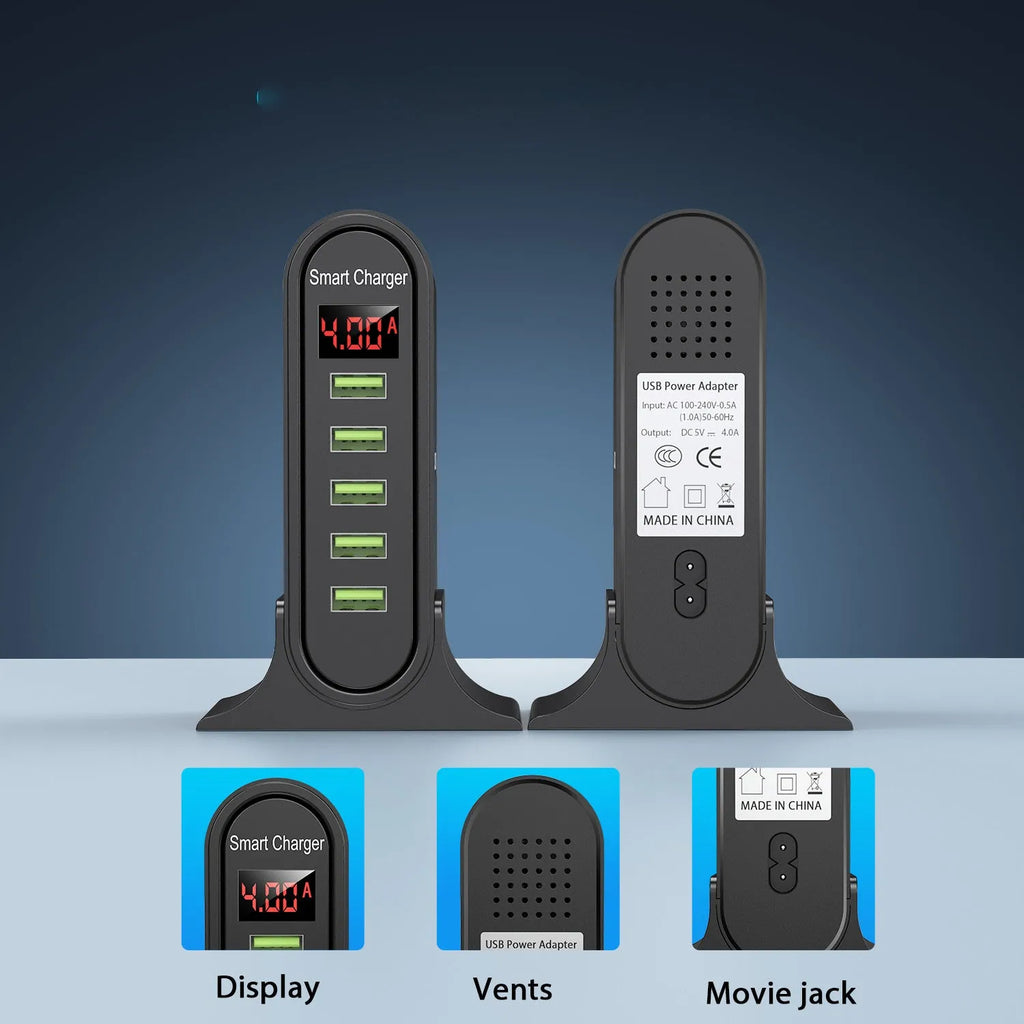 Smart LED digital display USB wall charger in black showing voltage readouts