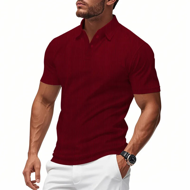 Men's short sleeve polo shirt with simple British style collar in loose fit, available in multiple colours including light gray and khaki