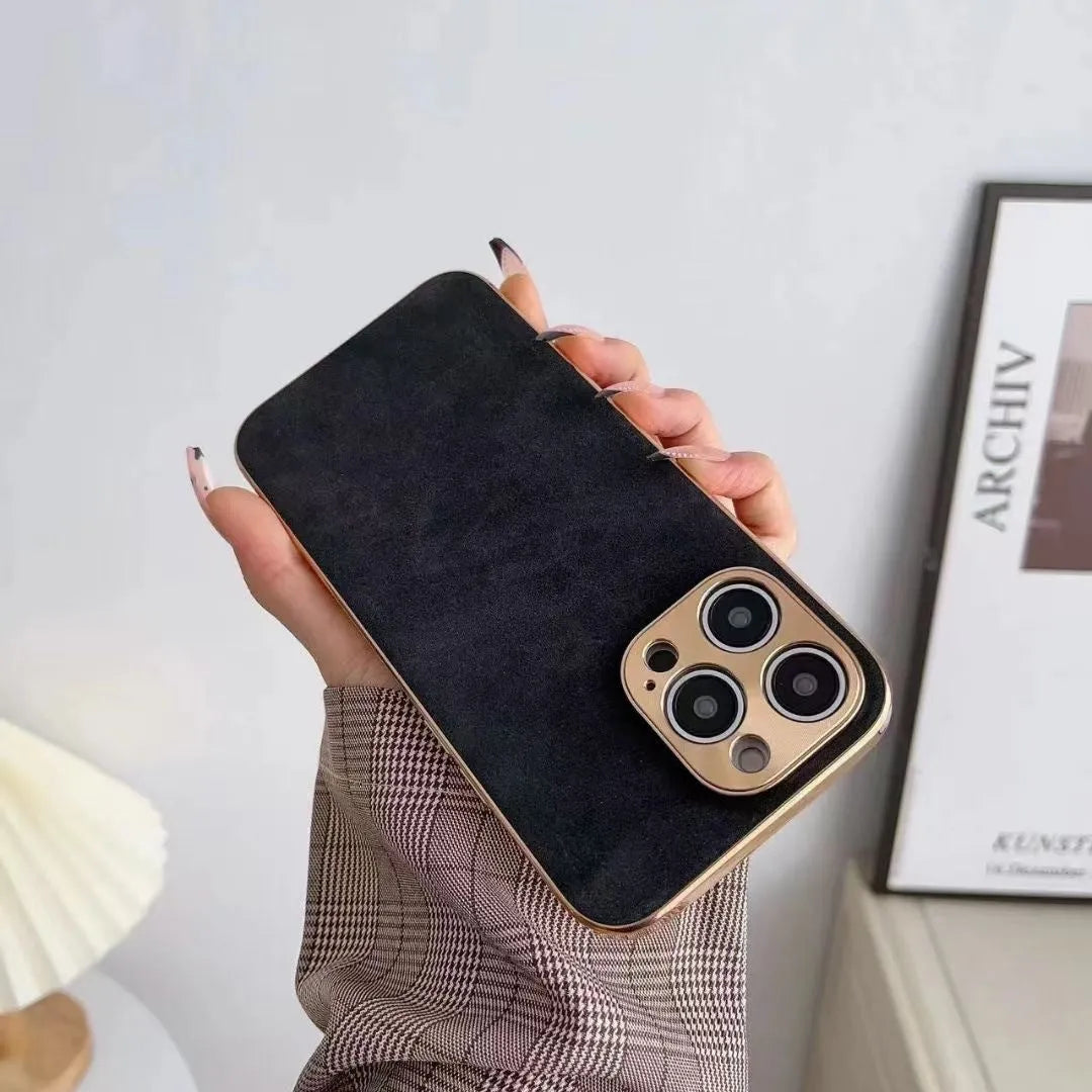 Leather texture TPU phone case for iPhone in solid black, blue, grey, and grey-green colours.