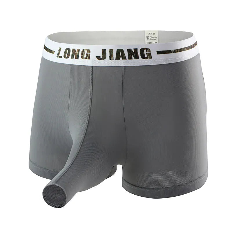 Men's ice silk trunk open boxer briefs on a solid background, showing the mid-waist fit.