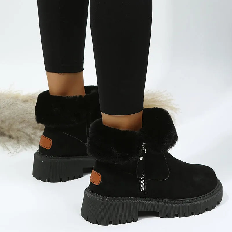 Women's black thick plush snow boot with side zip and faux fur lining