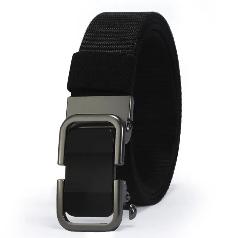 Toothless nylon canvas men's belt with alloy buckle shown in multiple colour options
