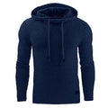 Men's black cotton-polyester blend hooded sweatshirt on a hanger.