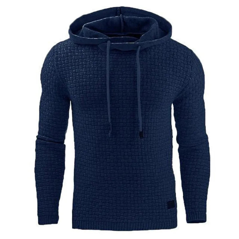 Men's black cotton-polyester blend hooded sweatshirt on a hanger.