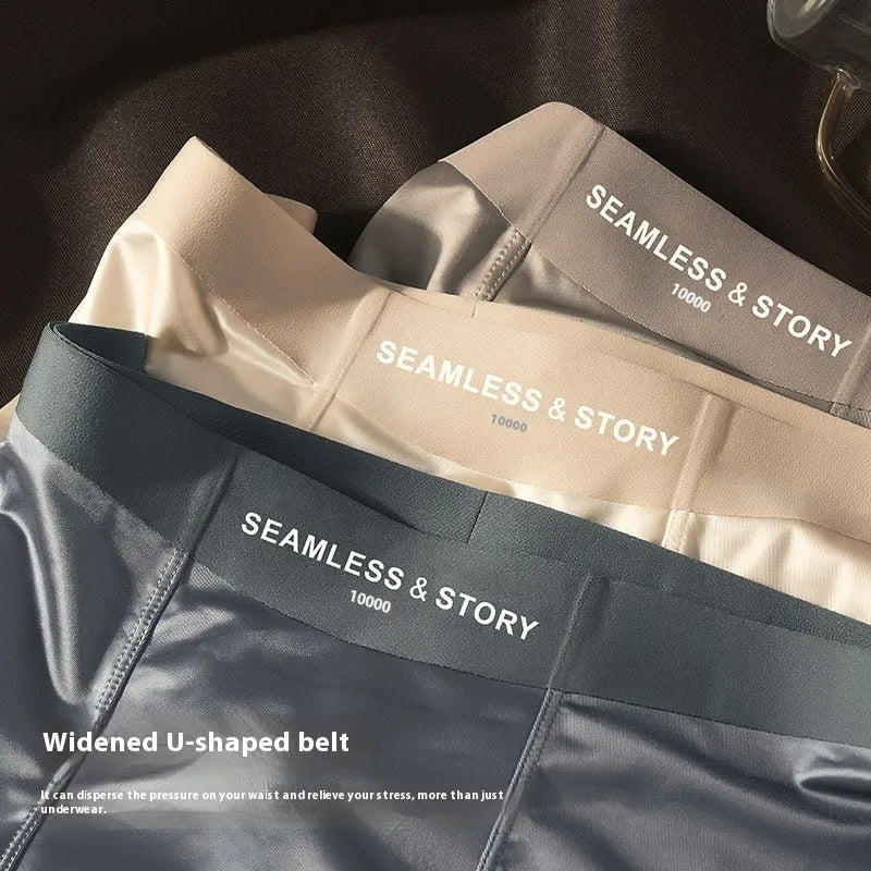 Men's ice silk satin boxer shorts on a white background, showing mid-waist design.