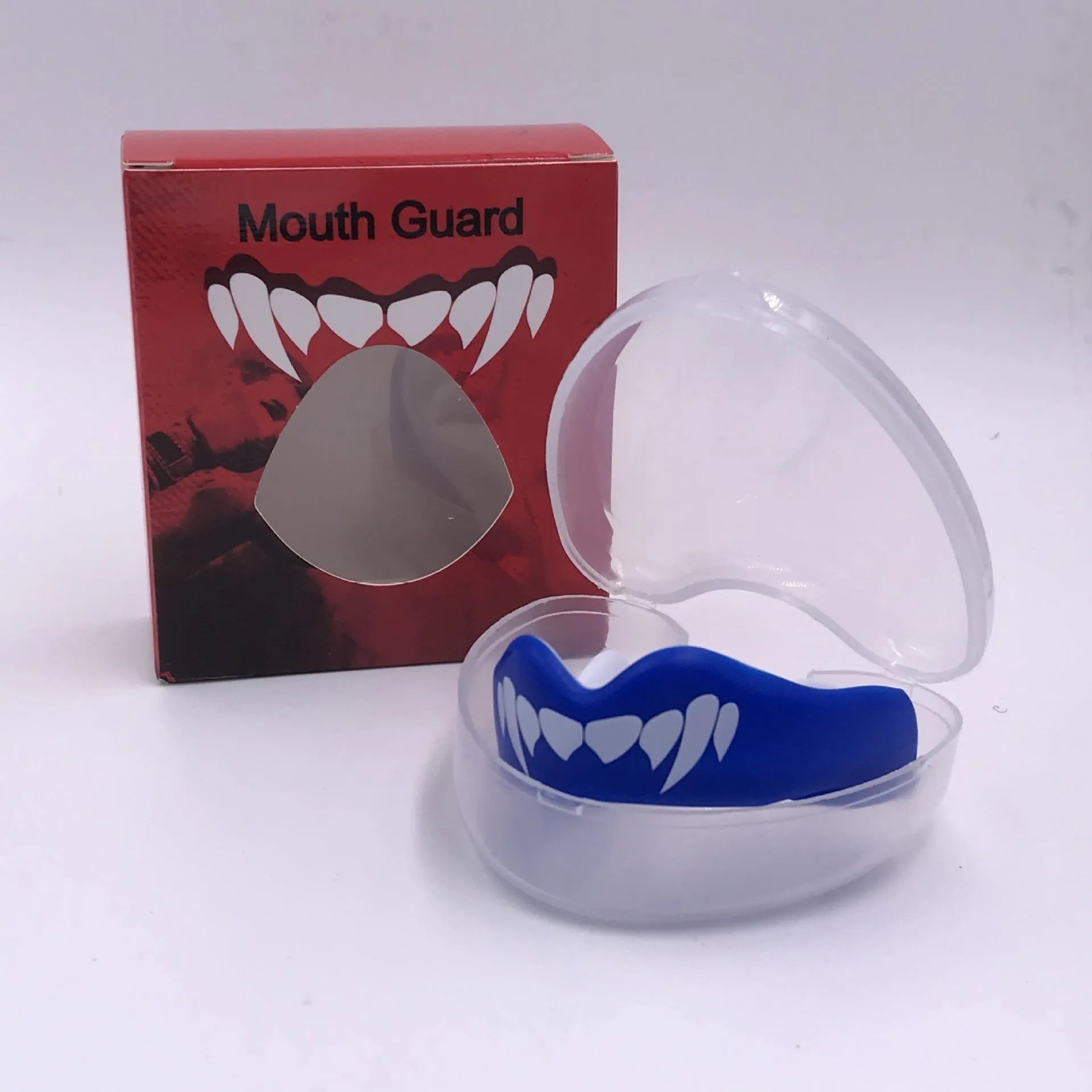 Adult boxing mouthguard with tooth socket-free design in black and white printed teeth pattern