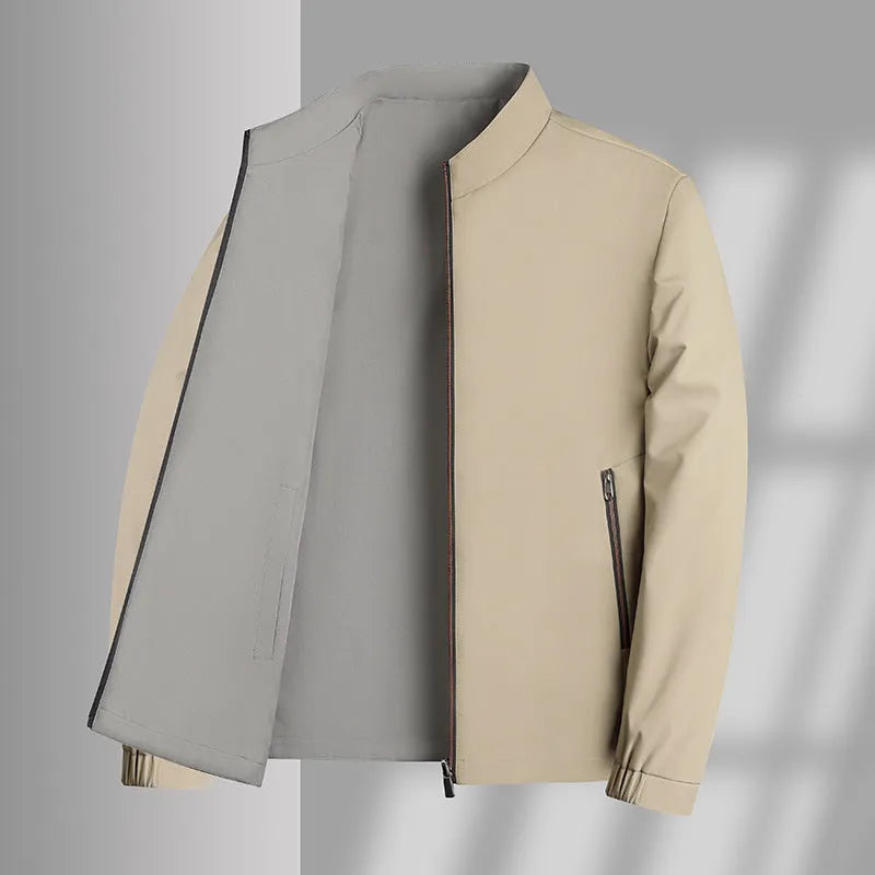 Men's double-sided stand collar casual windproof jacket in solid colour, loose fit, polyester fibre