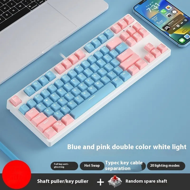 87-key wired mechanical gaming keyboard with hot-swappable switches shown in a two-tone colour scheme on a metal chassis.