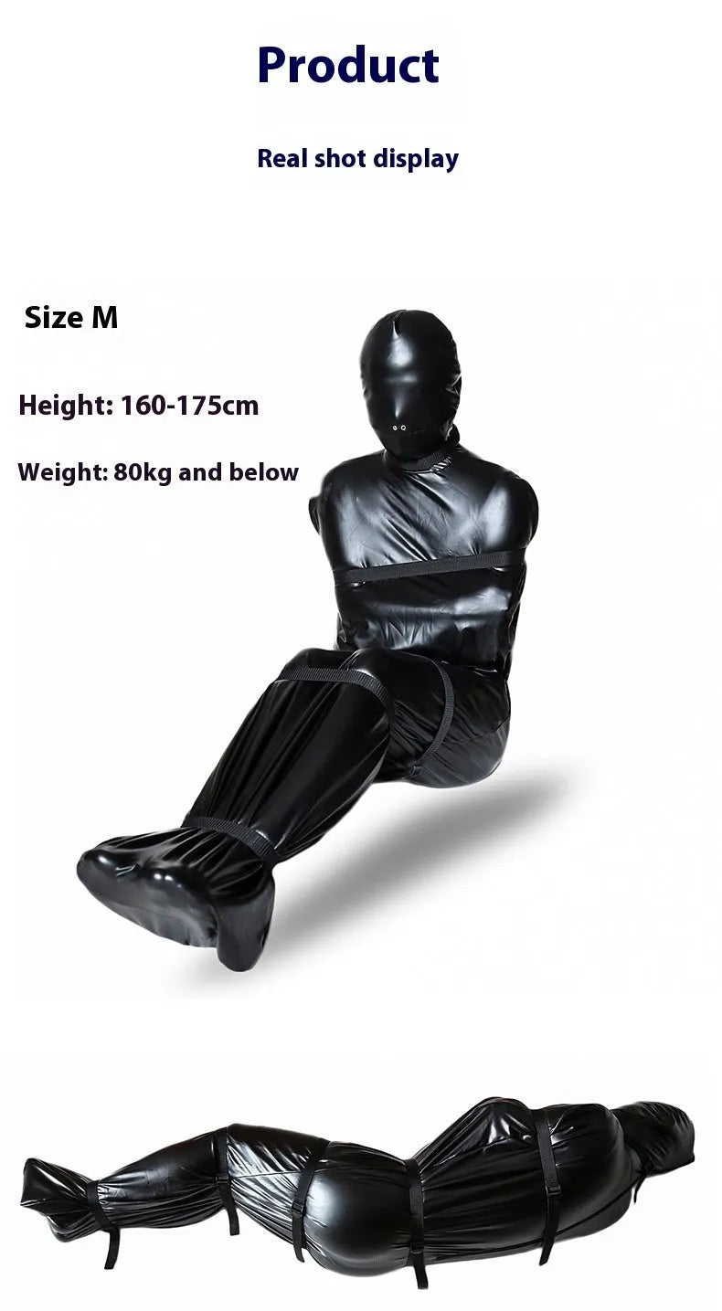 Black patent leather bondage restraint kit with body wrap and six ratchet tie-down straps laid out.