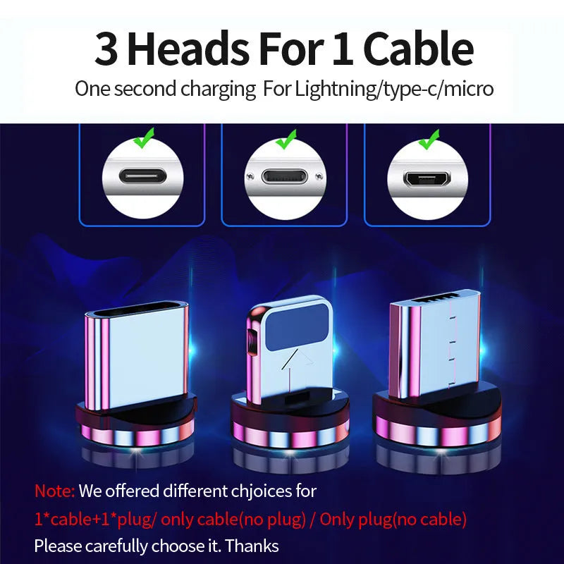 Black magnetic data cable with detachable magnetic heads for Apple, Android, and TYPE-C devices.