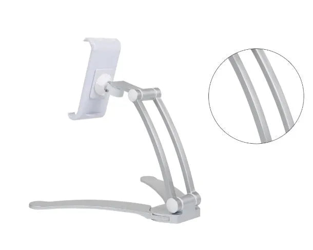 Silver aluminium alloy tablet stand with white mount and adjustable clip on a desktop
