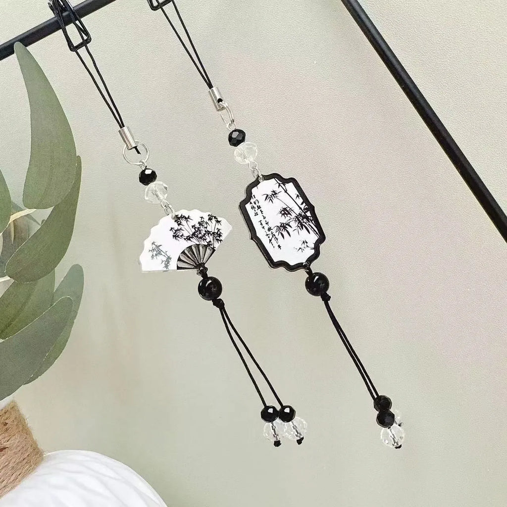 Guofeng Chinese-style bead keychain with plants and flowers pattern, Fan colour option.