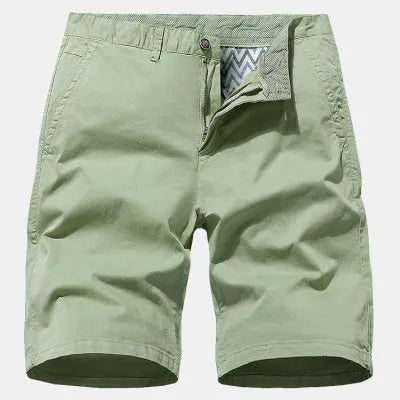 Man wearing loose-fit blue denim casual shorts with no belt, showcasing straight leg design.