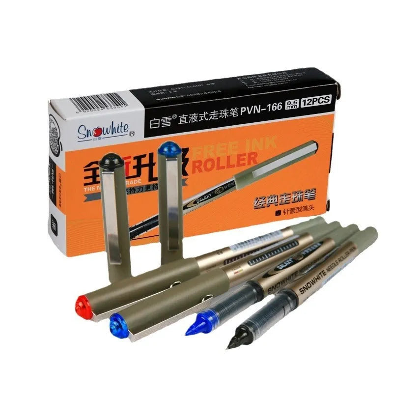 Water-based quick-drying signature pen with 0.5mm tip in multiple colours packaged in 12-pen box.