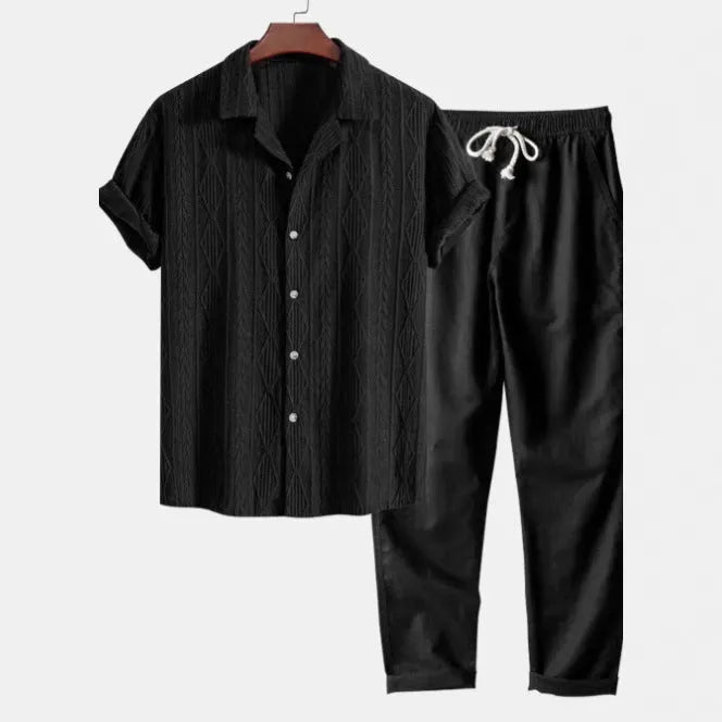 Slim-fit linen cardigan suit set with digital camouflage pattern including short-sleeve shirt and trousers