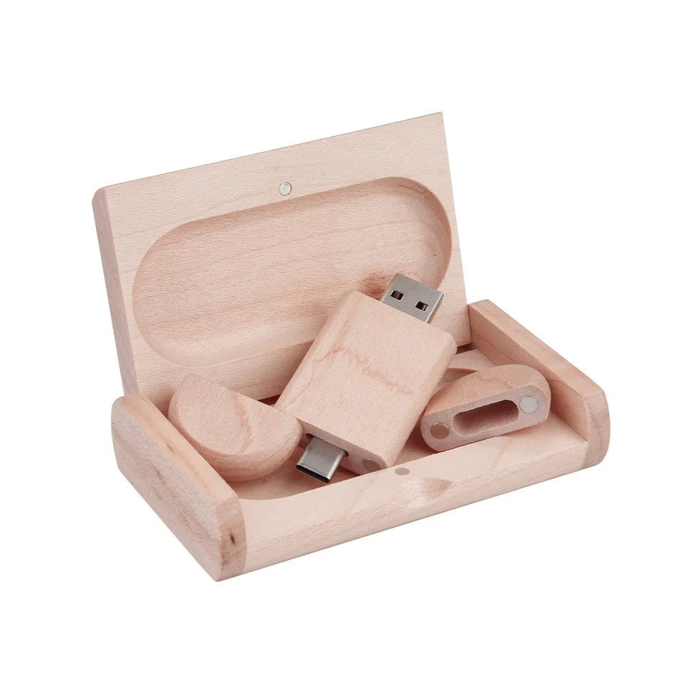 Carved wooden box-shaped USB flash drive with TYPE-C phone connector on display