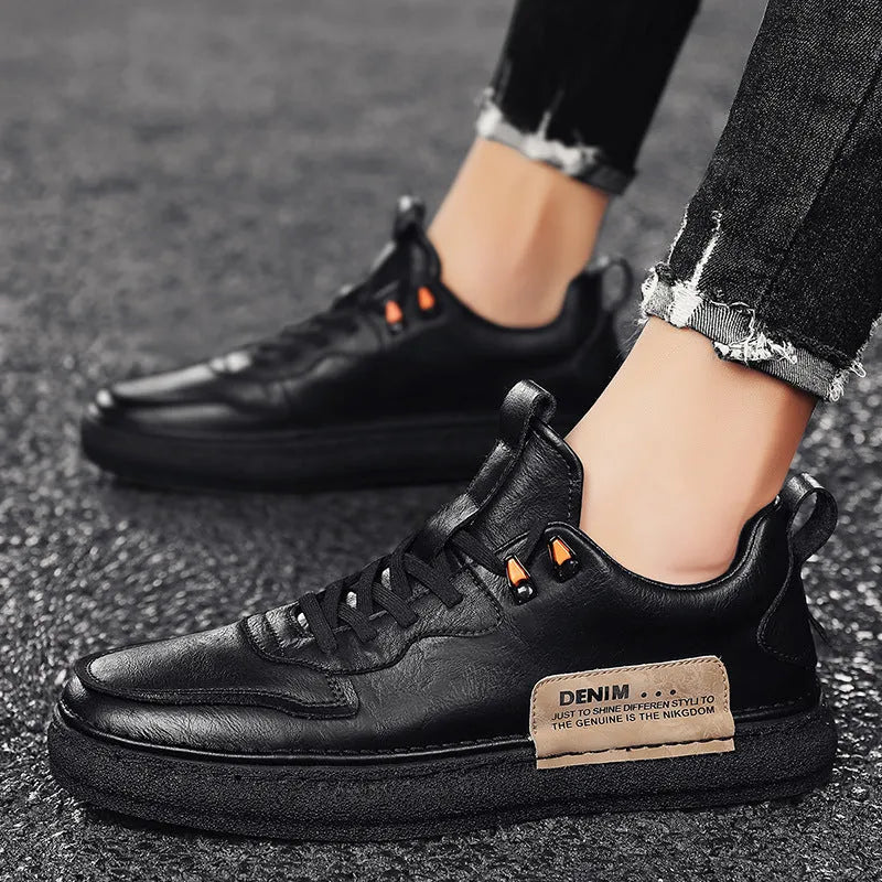 Men's casual board shoes black microfiber upper low top rubber sole flat heel sneakers