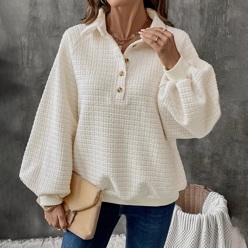 Women's milky white polo collar pullover sweater with long sleeves and a thickened knit texture.