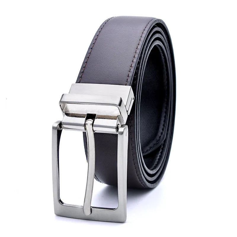 Men's brown black genuine leather belt with rotating alloy pin buckle showing length options