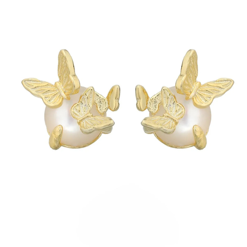 A pair of 925 silver stud earrings with an original butterfly and animal design in a gold colour finish.
