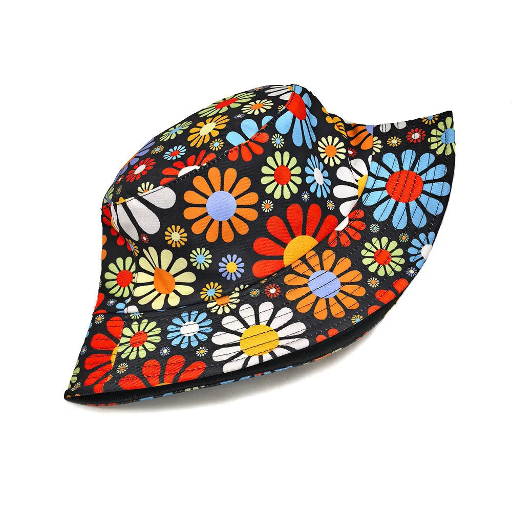 Floral pattern dome crown bucket sun hat in polyester fabric