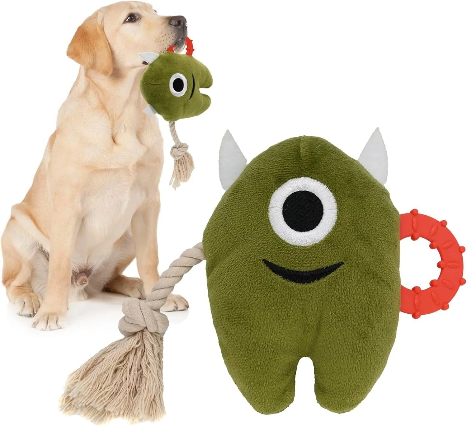 Blue and green monster-themed stuffed plush dog toy with integrated cotton rope and a squeaker.