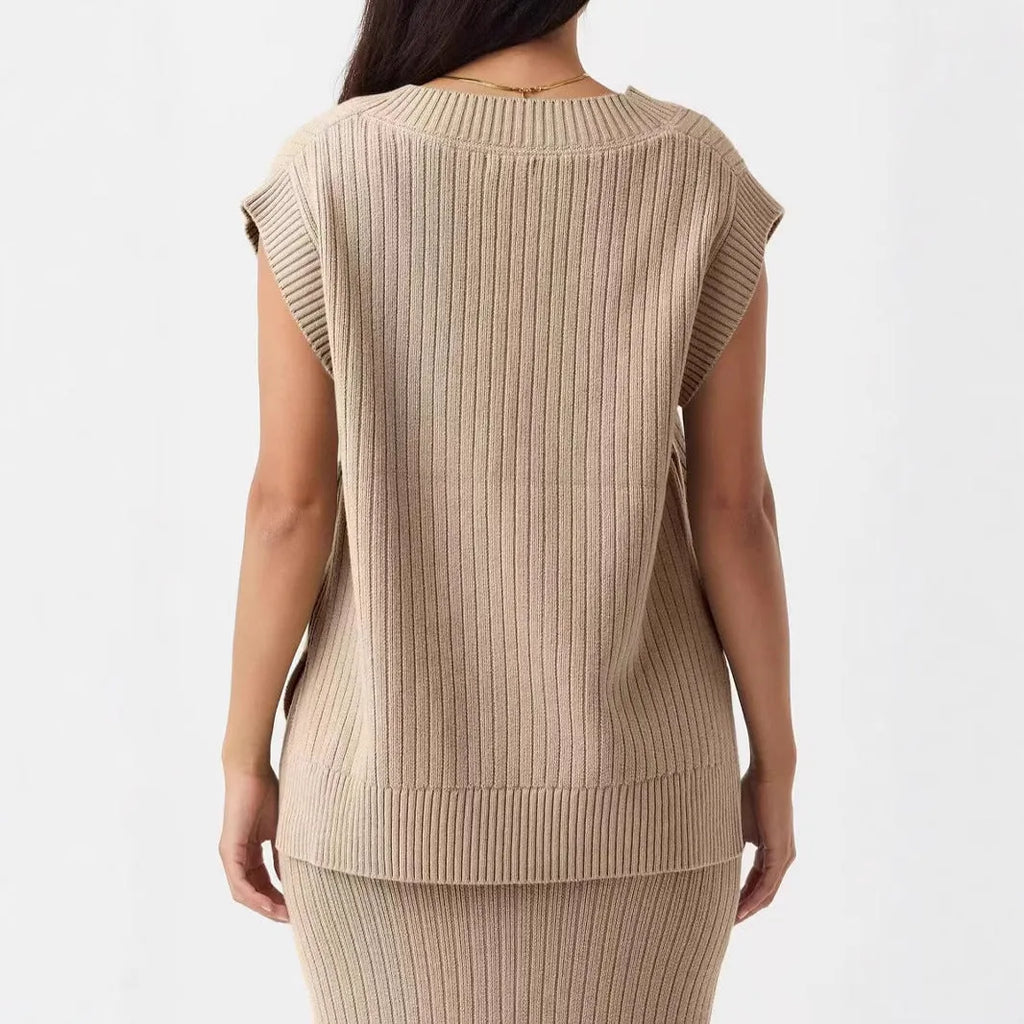 Women's camel and white v-neck sleeveless vest with loose fit and striped or plaid patterns