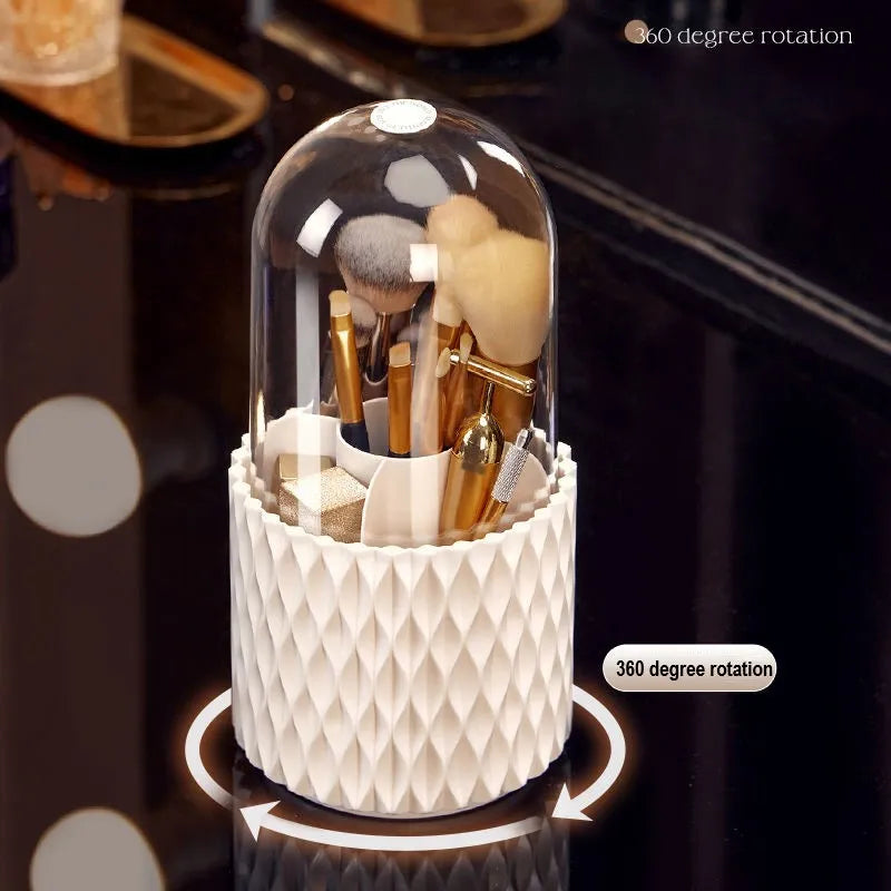 White transparent acrylic makeup brush storage box with rotating base and dustproof lid