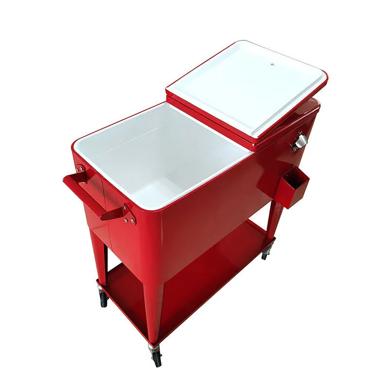 Red outdoor metal insulated trolley cooler box with 750 capacity for picnics.