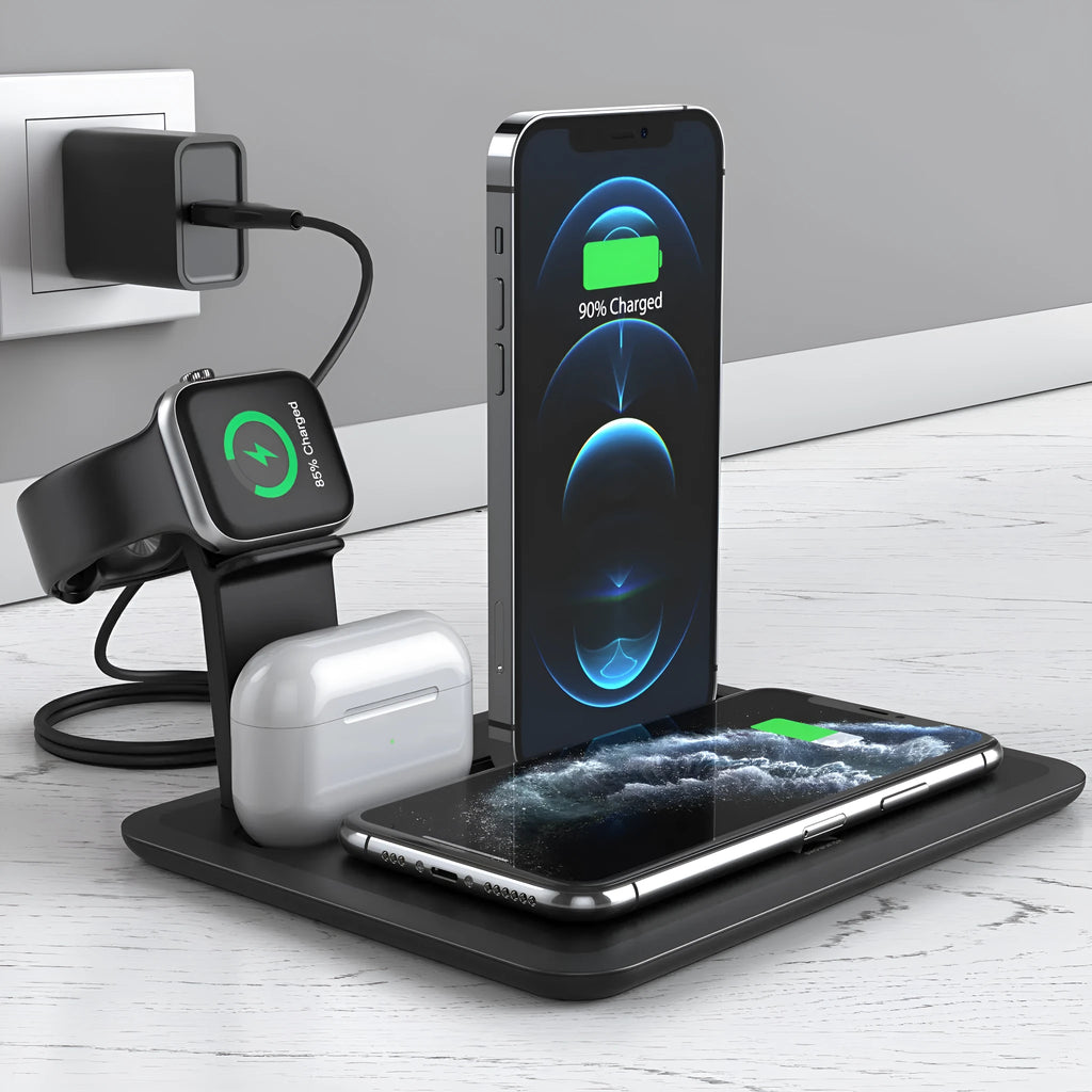 Black and white wireless desktop charging station for phone, headphones and watch on a desk