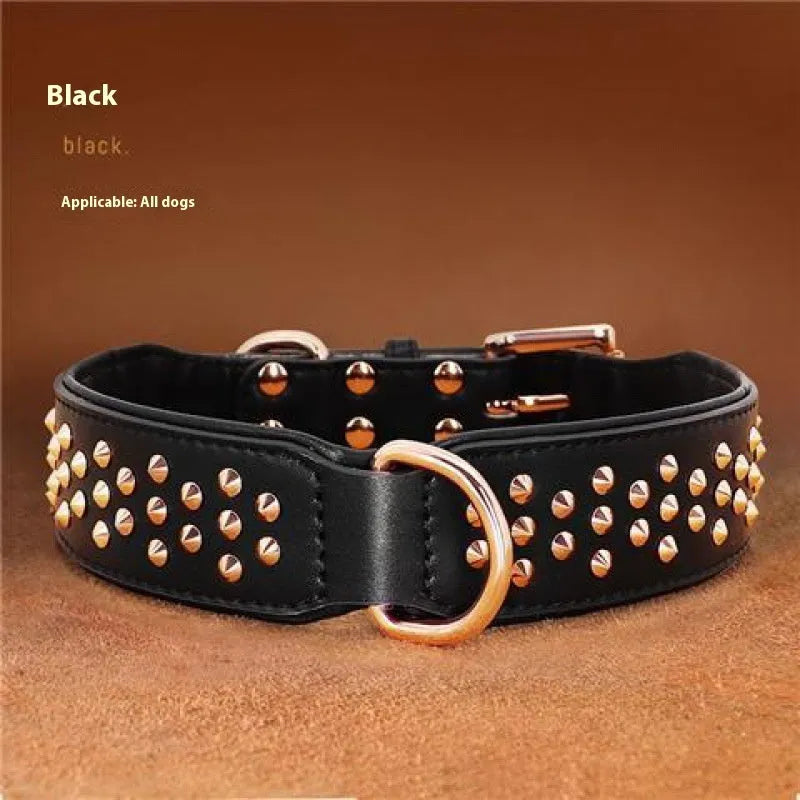 Leather dog collar with metal anti-bite rivets in black, chocolate, or pink colour options.