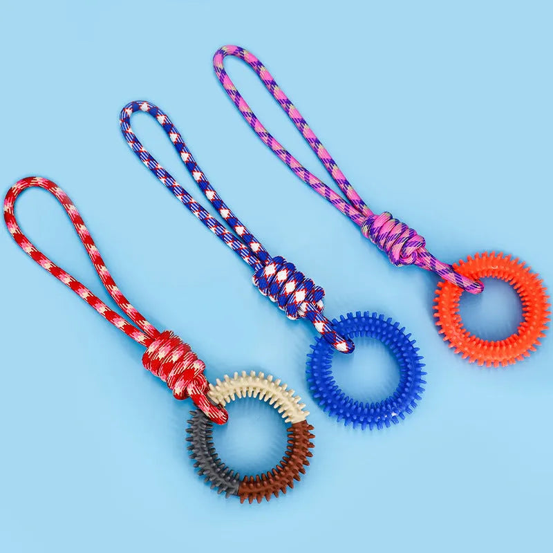 Blue braided rope dog chew toy with central knot measuring 43cm long