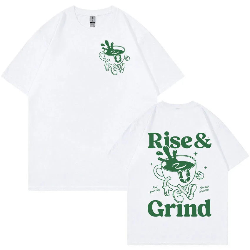 Loose fit black linen t-shirt with green Rise And Grind coffee cartoon print on chest.
