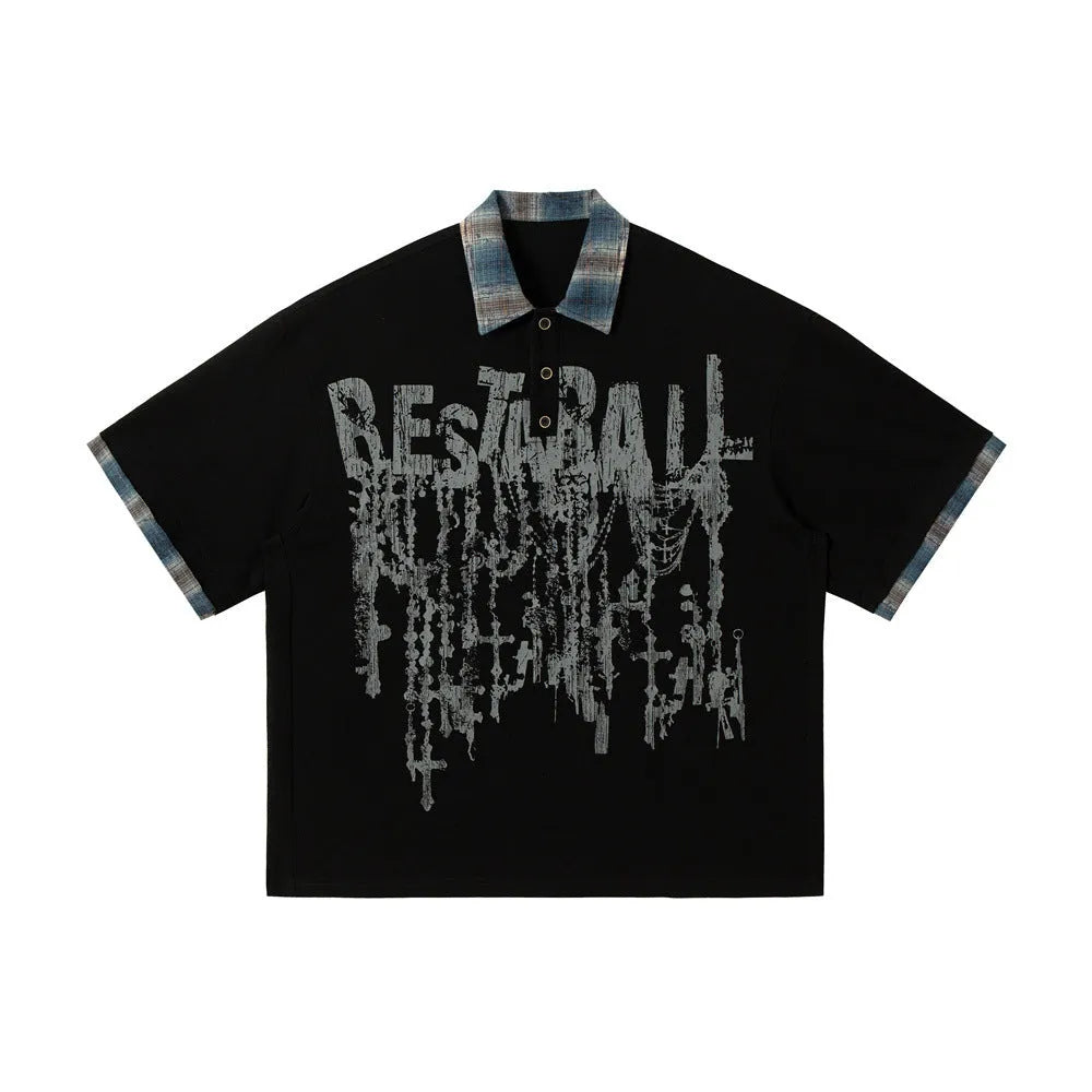 Men's loose fit cotton top with asymmetric graffiti print in blue or red