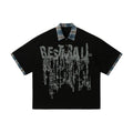 Men's loose fit cotton top with asymmetric graffiti print in blue or red