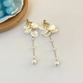 Women's acrylic shell pearl tassel earrings showing 8.8cm length and four fastening style options