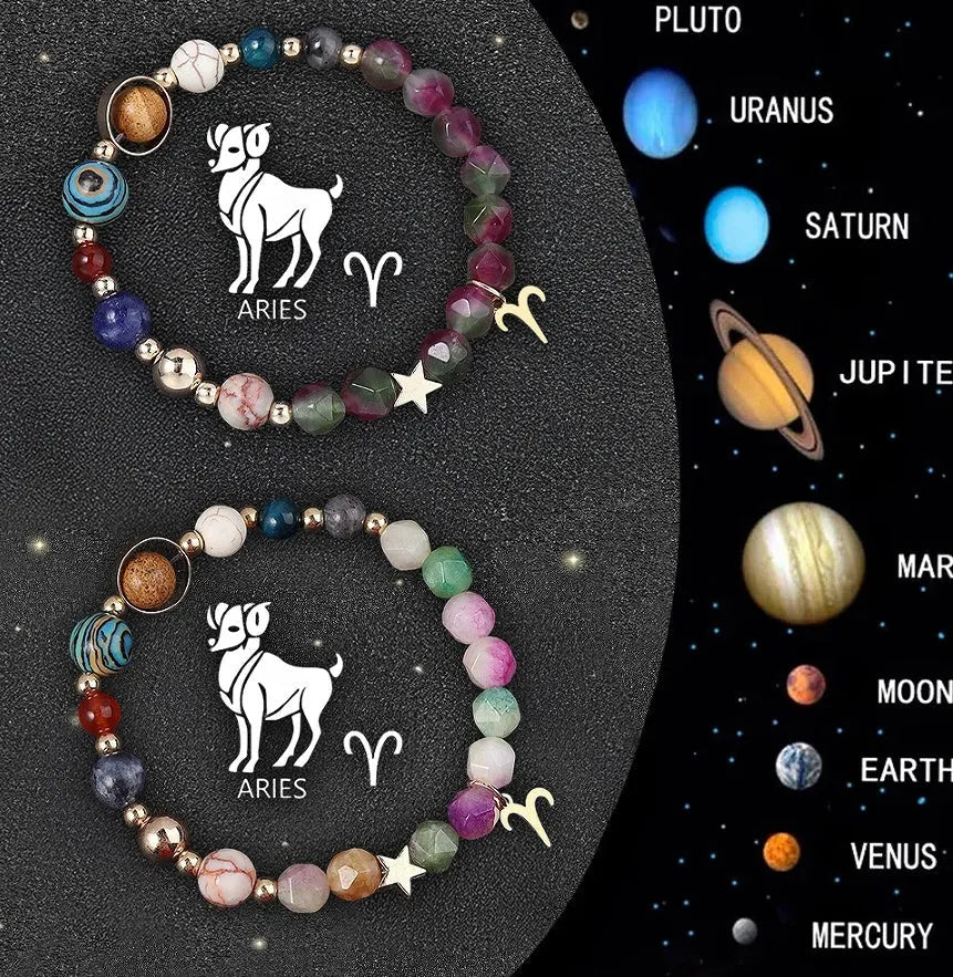 Two natural stone beaded bracelets showcasing zodiac sign designs on a selection card.