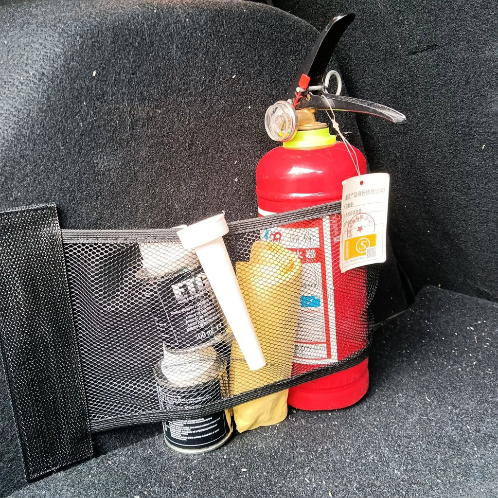 Elasticated polyester car boot storage net shown holding shopping bags, available in 20x35cm and 20x45cm sizes.