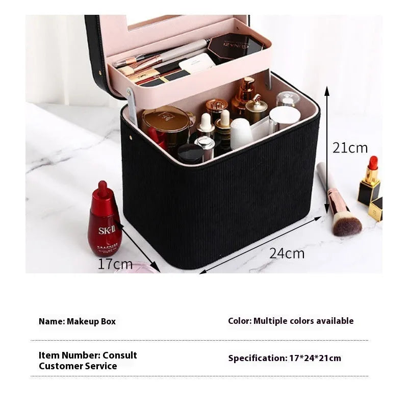 Large corduroy cosmetic storage box with solid colour exterior and polyester cotton lining.