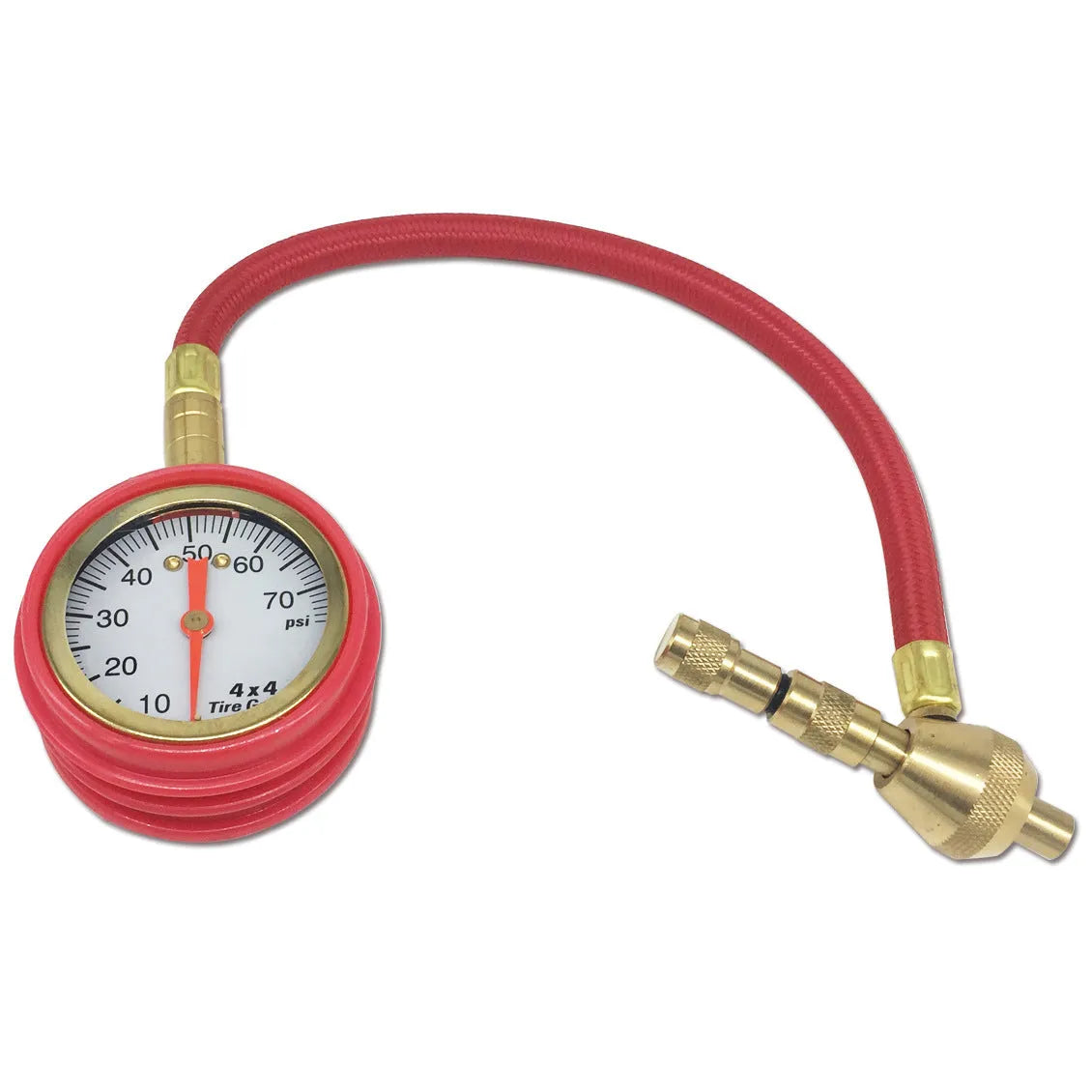 Mechanical car tyre pressure gauge with a rubber shell and rapid deflation valve.