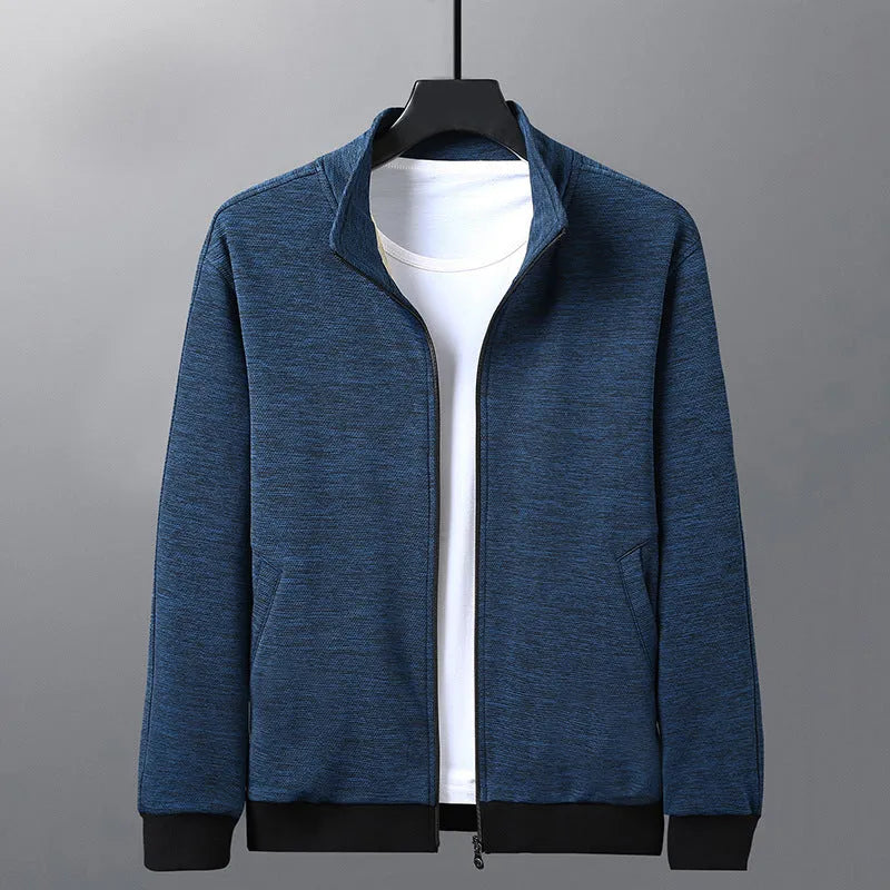 Men's black fitted casual jacket with a stand-up collar and zip front.