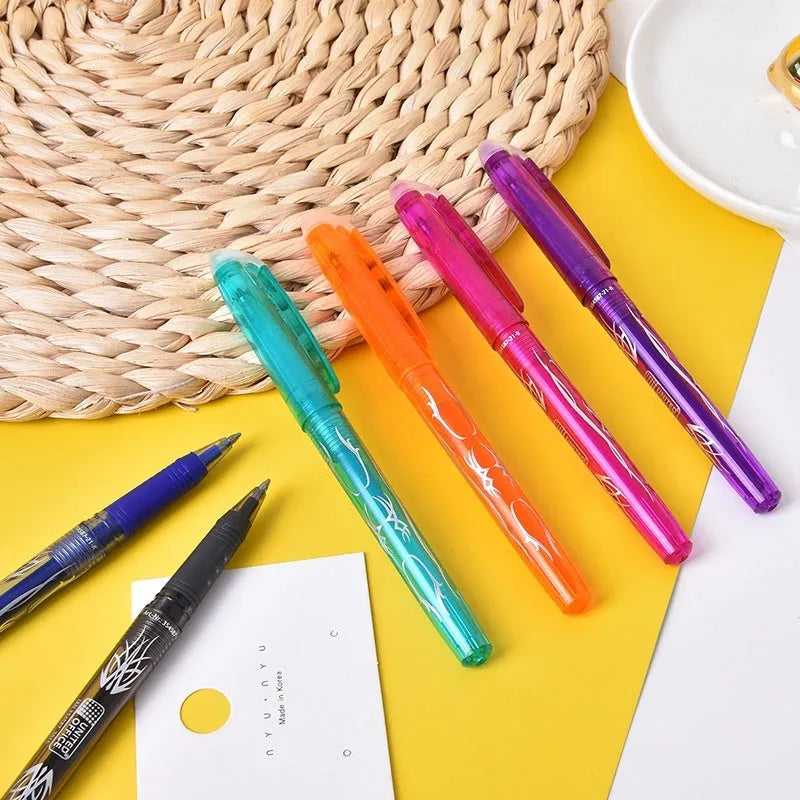 Heat-erasable gel pen set with plastic shells and stainless steel nibs in multiple colours for office writing