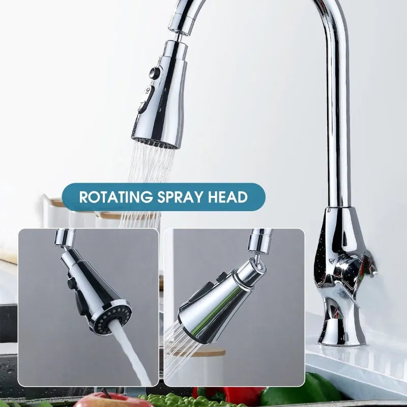 Silver universal pressurised kitchen faucet sprayer with rotating head and three-mode selector