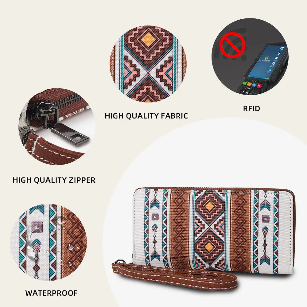 Bohemian striped canvas RFID blocking wallet in beige, black and red, khaki, or spearmint