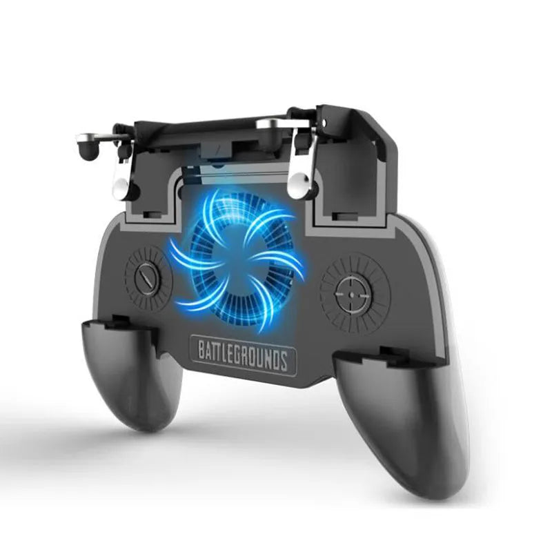 Black mobile game controller for smartphones with USB cable and physical action buttons.